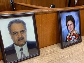 Family members brought photos of Mohammad Kazem and Zohal Niazi to the sentencing hearing of Braydon Wolfe in Saskatoon Court of Queen's Bench on Feb. 25, 2020. (Photo by Bre McAdam)