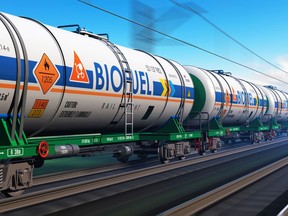 Freight train with biofuel tank cars.