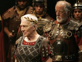 Christopher Plummer, left, as Caesar and Peter Donaldson as Rufio, with members of the Stratford Festival company. Plummer died Friday at the age of 91. File photo