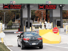 A car waits to enter a checkpoint to enter Canada at the Canada-United States border crossing in Lansdowne, Ontario, on September 28, 2020.