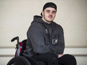 CP-Web. Ryan Straschnitzki poses for a photograph in Philadelphia, Wednesday, March 20, 2019. Straschnitzki will depart on a 12,000 kilometre journey to Thailand later this week for a medical procedure that could help restore some movement after being paralyzed in the Humboldt Broncos bus crash.