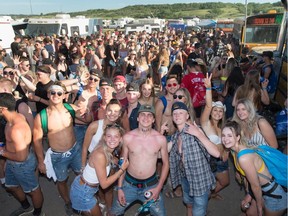 Festival-goers pose for a photo in the camping area during the Craven Country Thunder music festival in 2019.