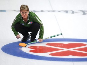 Team Saskatchewan skip Sherry Anderson reacts to her shot against Team Manitoba at the Scotties in Calgary Monday.