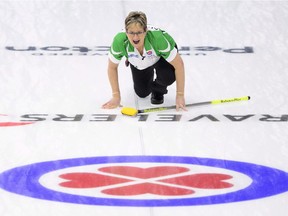Saskatchewan skip Sherry Anderson calls the sweep at the 2018 Scotties Tournament of Hearts, her last appearance there prior to this year.