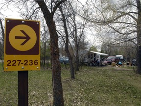 A sign indicates the locations of campsites in Echo Valley Provincial Park, Sask.