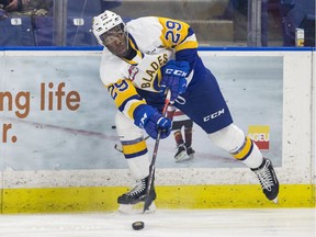 Saskatoon Blades forward Caiden Daley moves the puck against the Lethbridge Hurricanes during first period WHL action at SaskTel Centre in Saskatoon, SK on Saturday, February 1, 2020.