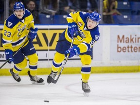 SASKATOON,SK--FEBRUARY 05/2020-0206 Sports Blades- Saskatoon Blades defenceman Aidan De La Gorgendiere passes the puck against the Regina Pats during the first period of WHL action at SaskTel Centre in Saskatoon, SK on Wednesday, February 5, 2020.