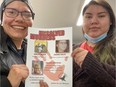 Theresa Greyeyes, left, and Amanda Wolfe hold a poster with the names of three women: Deanna Greyeyes and Joanne Wolfe, two women from the Muskeg Lake Cree Nation who were killed months apart in November 2018 and January 2019, and Ashley Morin, a woman from the Ahtahkakoop Cree Nation who went missing the same year.