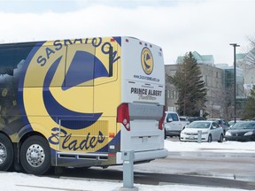 A team bus for the Saskatoon Blades sits at the University of Regina in Regina, Saskatchewan on March 2, 2021. BRANDON HARDER/ Regina Leader-Post