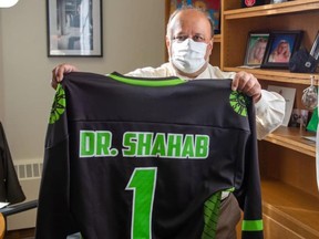 The Saskatchewan Rush presented a personalized jersey to Saskatchewan Chief Medical Health Officer Dr. Saqib Shahab in March 2021 in appreciation of his leadership and guidance during the pandemic. Photo from the Saskatchewan Rush Facebook page. ORG XMIT: NrcHzHZXy2dTpzUmwBf0