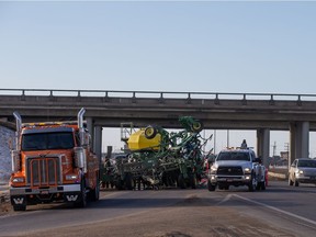 SASKATOON, SK--MARCH 11/2021 - 0312 Standalone traffic - Traffic was forced into a single lane after a truck hauling an air seeder struck the Circle Drive overpass at Highway 11 South. Photo taken in Saskatoon, SK on Thursday, March 11, 2021.
