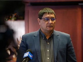 Saskatoon Tribal Council Chief Mark Arcand speaks to reporters on March 16, 2021.