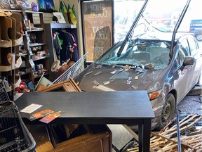 Around 11:30 a.m. on March 16, 2021 a woman drove a Honda Civic through the glass windows SaskMade Marketplace on 8th Street East in Saskatoon. Photo from the SaskMade Marketplace Facebook page.



ORG XMIT: oivgmSyolLCNsOTHdEBr