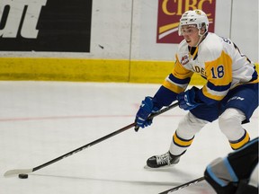 The Saskatoon Blades' Blake Stevenson (18) as his team plays the Winnipeg Ice during a WHL hockey game at the Brandt Centre in Regina. Saskatchewan on Mar. 17, 2021. BRANDON HARDER/ Regina Leader-Post