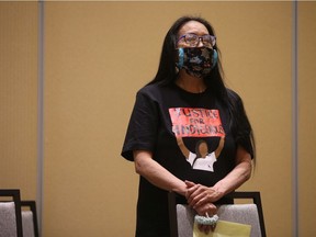 Debbie Baptiste, Colten Boushie's mother, stands at a news conference following the release of a report by the Civilian Review and Complaints Commission for the RCMP that examined how officers handled the investigation into Boushie's death. Photo taken in Saskatoon on Monday March 22, 2021.