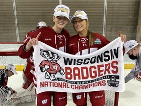 Sophie Shirley, left, and sister Grace Shirley are 2021 NCAA women's hockey champions with the University of Wisconsin Badgers after Wisconsin edged the Northeastern University Huskies 2-1 in overtime in the Frozen Four championship final at Erie, Pennsylvania.
