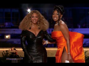 Megan Thee Stallion and Beyonce win the Grammy for Best Rap Performance for "Savage" in this screen grab taken from video of the 63rd Annual Grammy Awards in Los Angeles March 14, 2021.