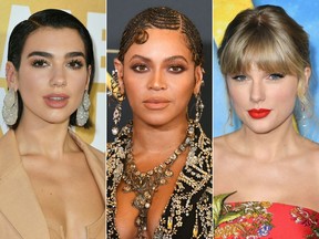 (COMBO) This combination of file pictures created on March 10, 2021 shows (from L) British singer/songwriter Dua Lipa attending Billboard's 13th Annual Women In Music event at Pier 36 in New York City on December 6, 2018, US singer/songwriter Beyonce arriving for the world premiere of Disney's "The Lion King" at the Dolby theatre on July 9, 2019 in Hollywood, and US singer Taylor Swift arriving for Universal Pictures' world premiere of "Cats" at Alice Tully Hall on December 16, 2019 in New York City. - Desperate to keep things interesting the Recording Academy behind the Grammys has called on the industry's powerhouse performers to helm yet another awards ceremony forced to go virtual for the March 14, 2021 ceremony. Beyonce is the leading nominee with nine -- despite not releasing an album in the past year -- while Taylor Swift and Dua Lipa both nabbed six nods for their records dropped during quarantine. (Photos by Angela Weiss and Robyn Beck / AFP)