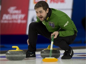Calgary Ab, March 6, 2021.WinSport Arena at Canada Olympic Park.Tim Hortons Brier. Team Saskatchewan skip Matt Dunstone shouts to his front end during their draw 3 against Ontario. Curling Canada/ Michael Burns Photo