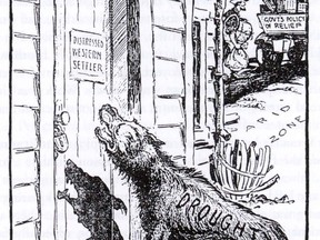 The 1930s drought, portrayed here as a wolf at the door, forced many farmers to start over in Saskatchewan's forest fringe (Monteal Star, Sept. 17, 1934)