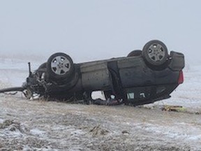 Firefighters reportedly had to extract a trapped person from a vehicle found laying on its roof Wednesday near Zimmerman Road and Highway 16. (Photo courtesy of the Saskatoon Fire Department)