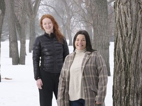 Taylor Fox and Jessica McNaughton, from left, co-founders of memoryKPR, pose for a photo near their office in Wascana Centre. According to memoryKPR.com, the service "is a digital time capsule that allows you to save, protect, design, and tell your story in a meaningful way."