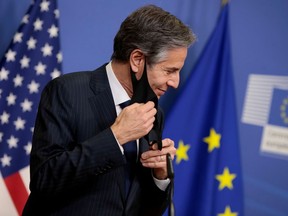 FILE PHOTO: U.S. Secretary of State Antony Blinken attends a news conference in Brussels, Belgium, March 24, 2021. Virginia Mayo/Pool via REUTERS/File Photo