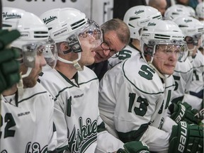 Retiring University of Saskatchewan Huskies head coach Dave Adolph, shown here behind the bench against the University of Regina Cougars at Merlis Belsher Place on the U of S campus in Saskatoon on Friday, Feb. 7, 2020. (STAR-PHOENIX/LIAM RICHARDS)