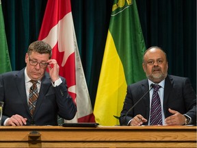 Premier Scott Moe and chief medical health officer Dr. Saqib Shahab at COVID-19 briefing last at the Saskatchewan legislature on March 13, 2020.