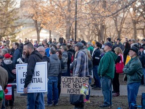 People gather at the Vimy Memorial to protest mandatory mask laws and the government's handling of the COVID-19 pandemic. Photo taken in Saskatoon, SK on Saturday, March 20, 2021.
