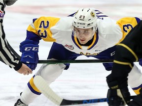 Saskatoon Blades' Evan Patrician (23) is shown against the Brandon Wheat Kings at the Brandt Centre on April 4, 2021. Keith Hershmiller Photography.