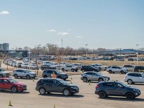 Saskatoon's drive-thru COVID-19 vaccination clinic at Prairieland Park reopens on Saturday. Photo taken in Saskatoon, SK on Monday, April 5, 2021.