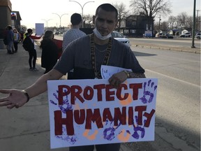 Cory Cardinal was one of 40-odd people protesting the Saskatchewan government's decision to not fund Saskatoon's safe drug consumption site on Wednesday, April 7 2021.