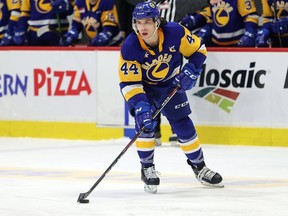 Moose Jaw Warriors vs. Saskatoon Blades on April 9, 2021 at the Brandt Centre. Blades captain Chase Wouters (44). Keith Hershmiller Photography.