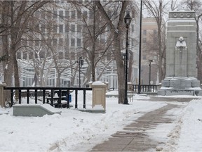 The pedestal that has long held a statue of John A. Macdonald now sits empty in Victoria Park in Regina, Saskatchewan on April 13, 2021. The statue has been removed, in keeping with a decision made by Regina's city council on March 31.