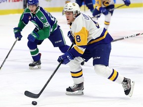 Swift Current Broncos vs. Saskatoon Blades at the Brandt Centre on April 17, 2021. Saskatoon's Brandon Lisowsky (8) is shown. Keith Hershmiller Photography.