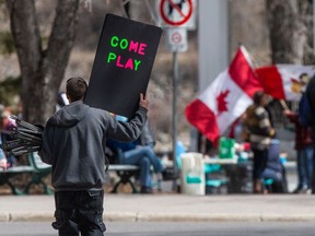 A sign from the "children's freedom rally” in Kiwanis park. Photo taken in Saskatoon, SK on Saturday, April 24, 2021.