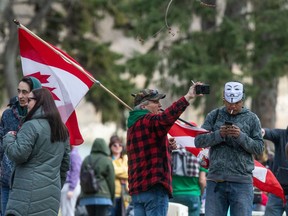 People gathered in Kiwanis Park for a "children's freedom rally." Photo taken in Saskatoon, SK on Saturday, April 24, 2021.