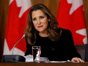Deputy Prime Minister and Minister of Finance Chrystia Freeland speaks to news media before unveiling a fiscal update on Nov. 30, 2020. Freeland is scheduled to table the first budget in more than two years on April 19.