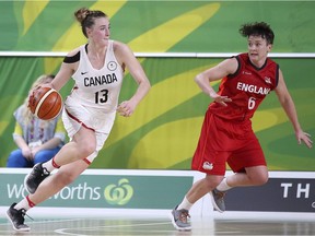 Paige Crozon, left, playing with Canada at the 2018 Commonwealth Games, is now an assistant coach with the Saskatchewan Rattlers.