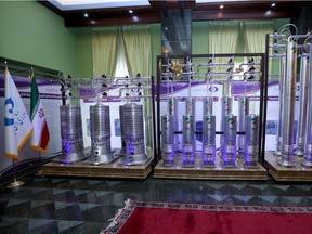 A number of new generation Iranian centrifuges are seen on display during Iran's National Nuclear Energy Day in Tehran, Iran April 10, 2021. Iranian Presidency Office/WANA (West Asia News Agency)/Handout via REUTERS