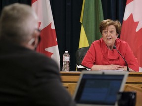 Donna Harpauer, minister of finance, speaks during an embargoed press conference on Budget Day at the Legislative Building in Regina on Tuesday April 6, 2021. The government presented a budget with both record spending and deficits.