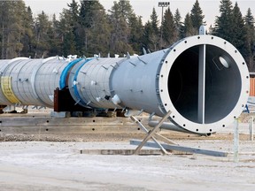 A cyclindrical component sits on blocks at the site where a canceled BA Energy upgrader would have been located, west of Bruderheim, Alberta on Jan. 11, 2012.