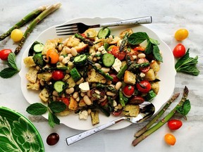 Spring vegetable and white bean panzanella salad