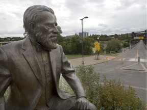 The statue of John Lake looking near the Traffic Bridge pays tribute to the man credited with founding Saskatoon as a temperance colony free of alcohol.