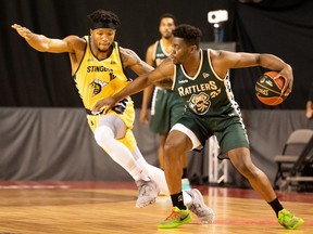 The Saskatchewan Rattlers' Kemy Osse looks for an opening during 2020 Canadian Elite Basketball League action against the Edmonton Stingers. (Photo courtesy Canadian Elite Basketball League)