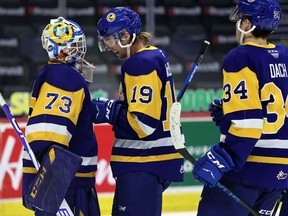 Nolan Maier (73), Wyatt McLeod (19) and Colton Dach (34), shown here after a 4-0 shutout win over the Prince Albert Raiders on March 29, were all named to the WHL's East Division team of the week for the final week of the regular season.