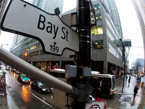 A Bay Street sign, the main street in the financial district is seen in Toronto, Jan. 28, 2013.