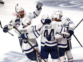 Toronto Maple Leafs centre William Nylander (88) celebrates his goal with teammates during Game 3 of the first round of the Stanley Cup Playoffs at Bell Centre.