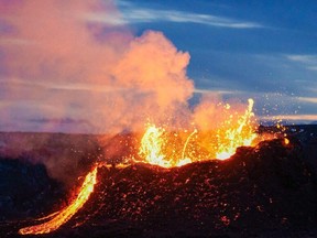 Lava flowing from a fissure near the Fagradalsfjall on the Reykjanes Peninsula in Iceland on,April 6, 2021.